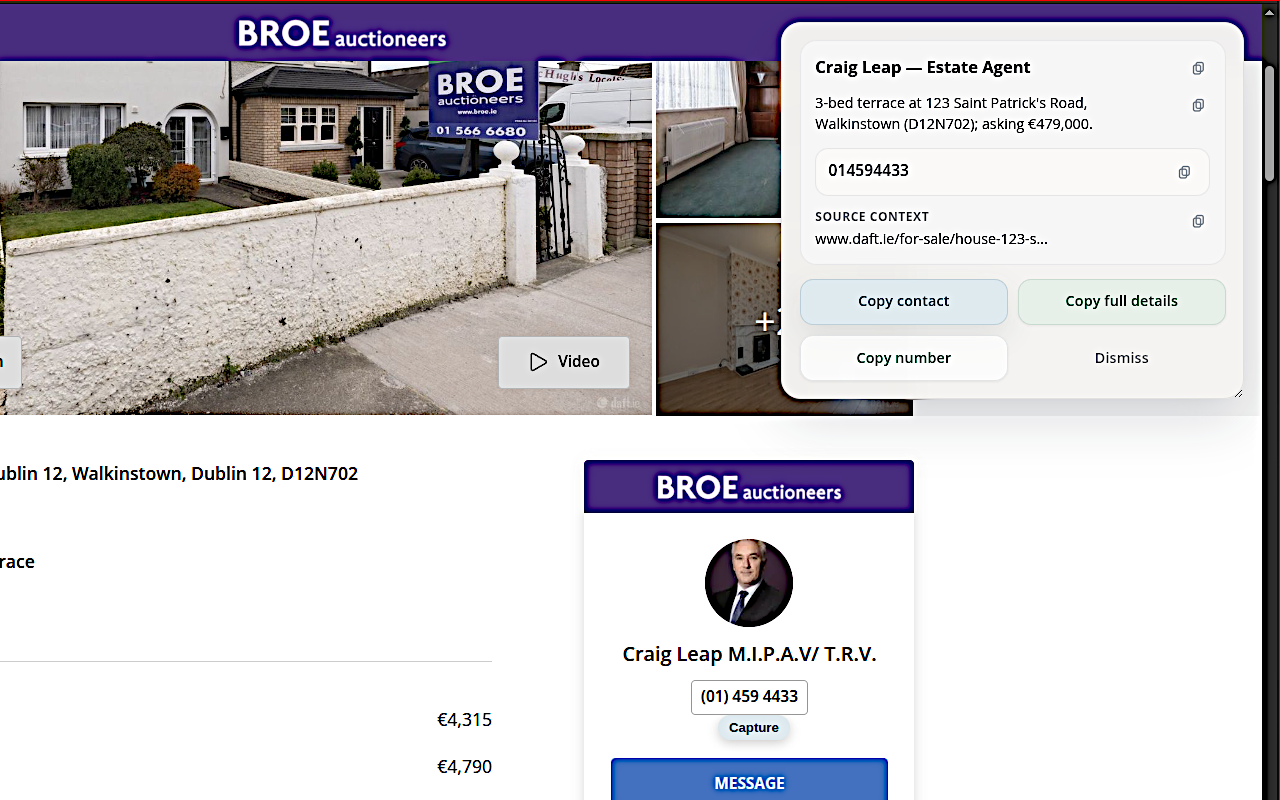 QuickLead Estate structured extraction screenshot from a real estate listing workflow